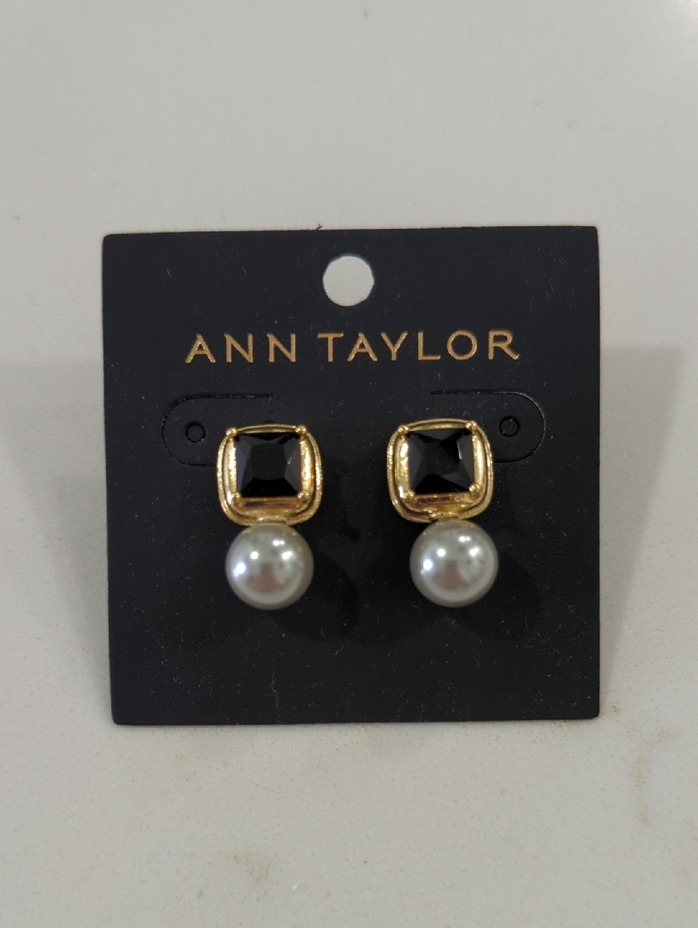 Ann Taylor Gold-Trim Black Stone with Gray Pearl Drop Earrings